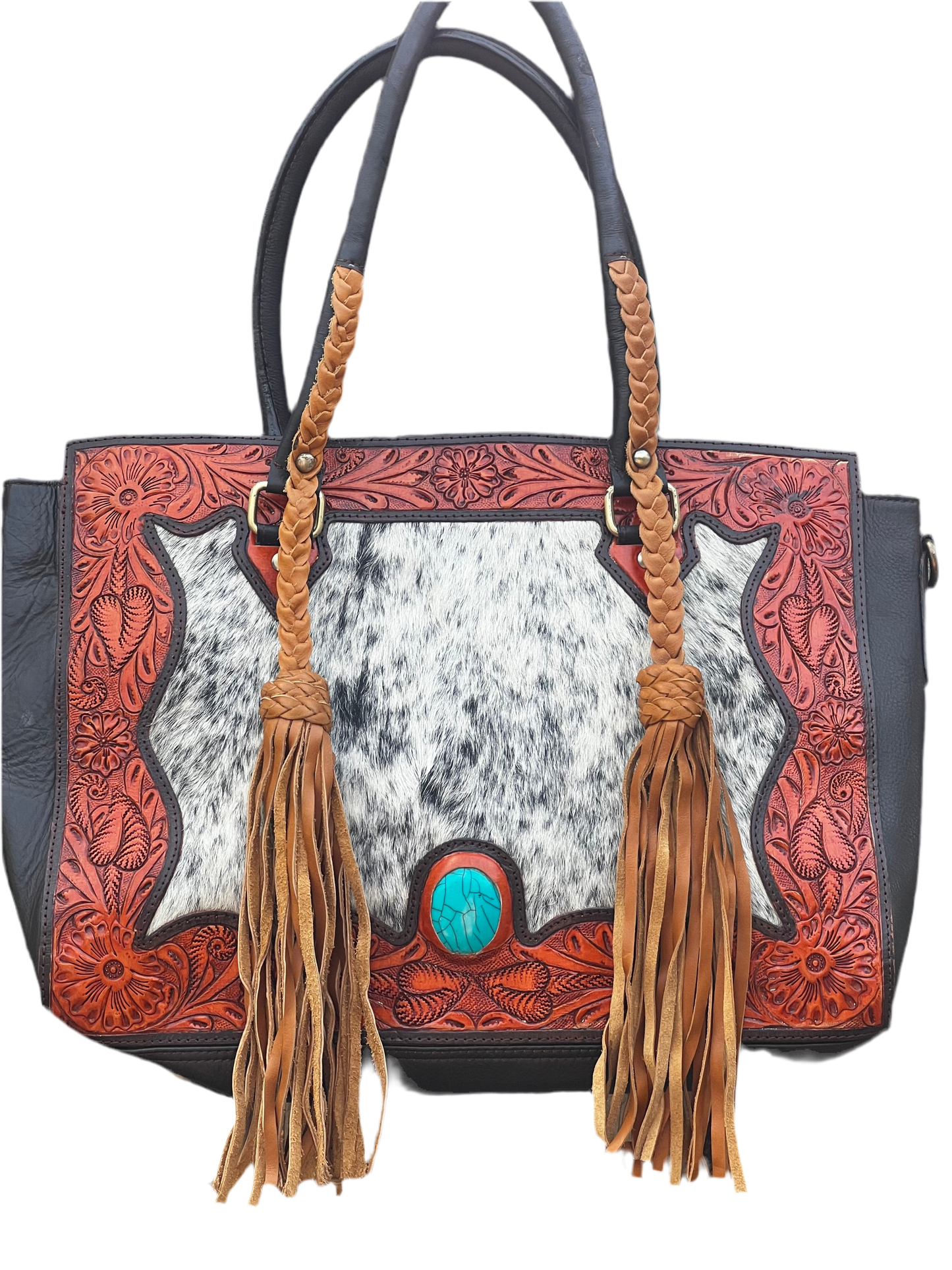 Dawn to Dusk – Large Everyday Western Concealed Carry Tote with Tooled Leather, Cowhide & Fringe Handles