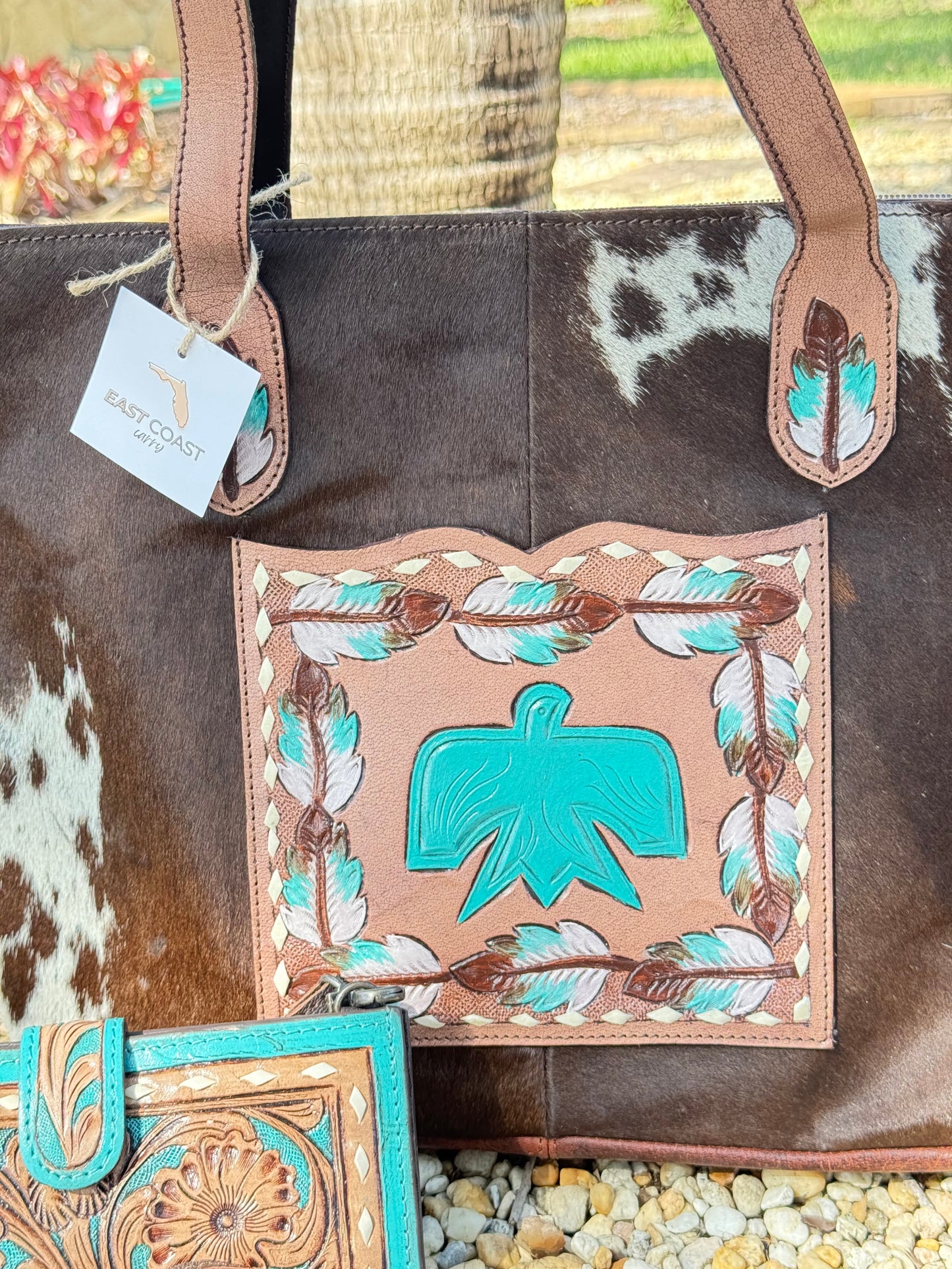 Turquoise Thunder : Cowhide Tooled Leather Concealed Carry Tote & Clutch Set Thunderbird Design