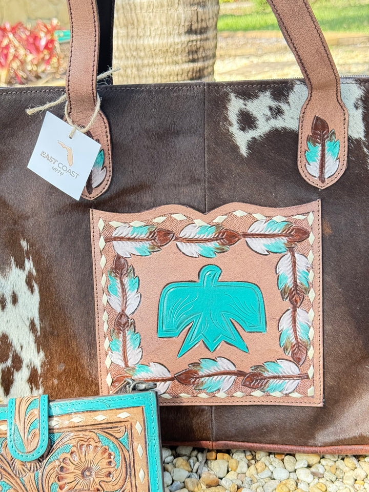 Turquoise Thunder | Cowhide Tooled Leather Concealed Carry Tote & Clutch Set Thunderbird Design