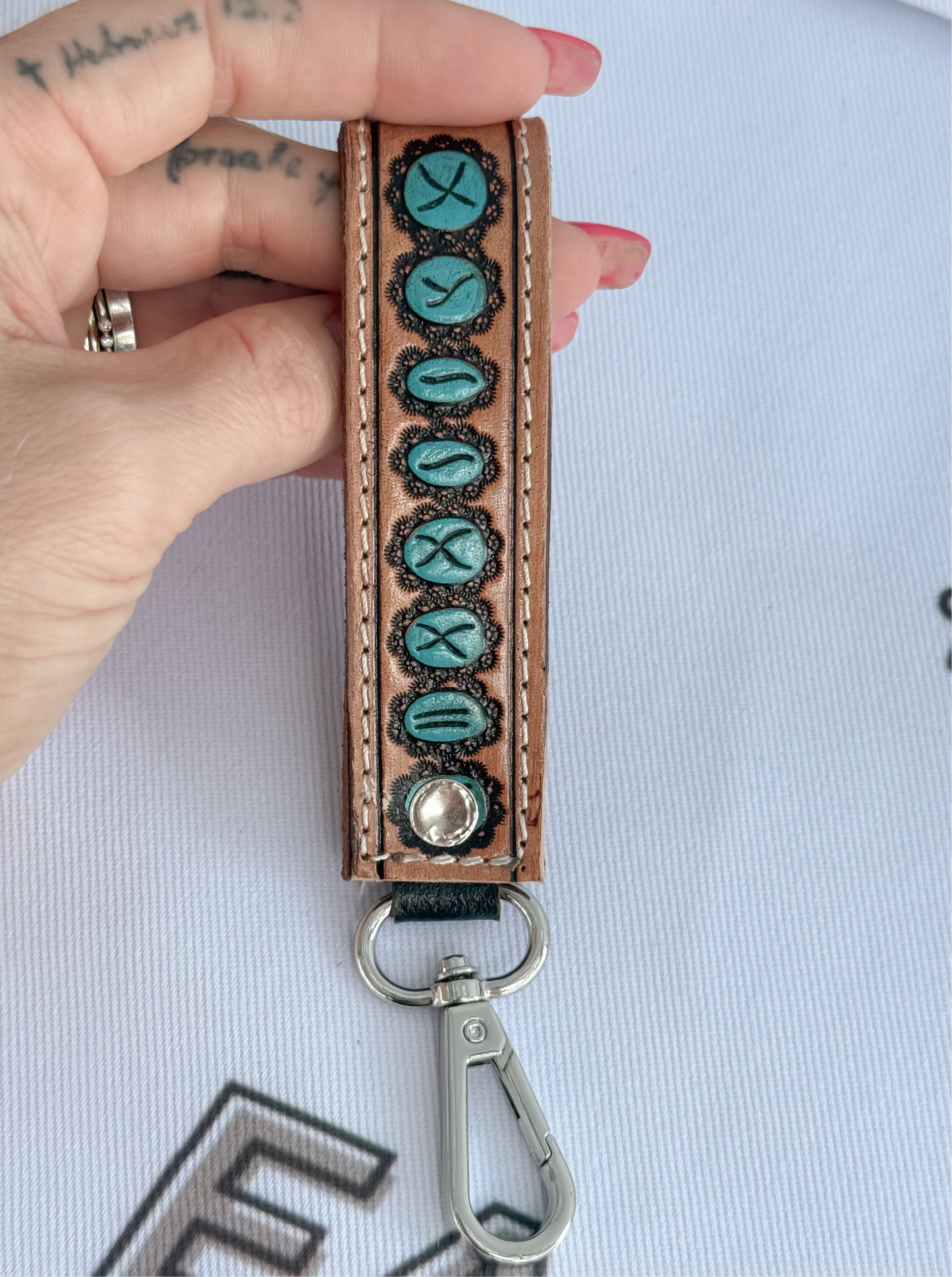 Turquoise Stone Design Hand Tooled Leather Hand Painted Keychain Strap