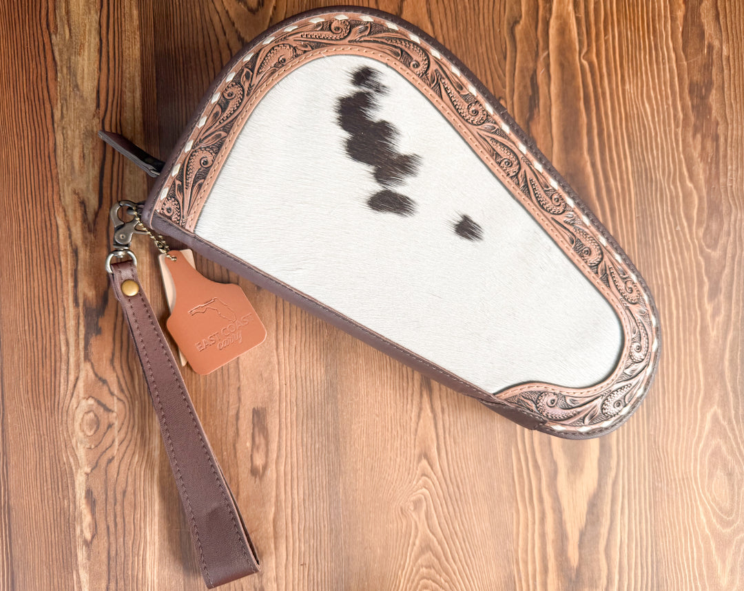 Tooled Leather and Cowhide Western Design padded gun case with zipper pocket and removable hand strap