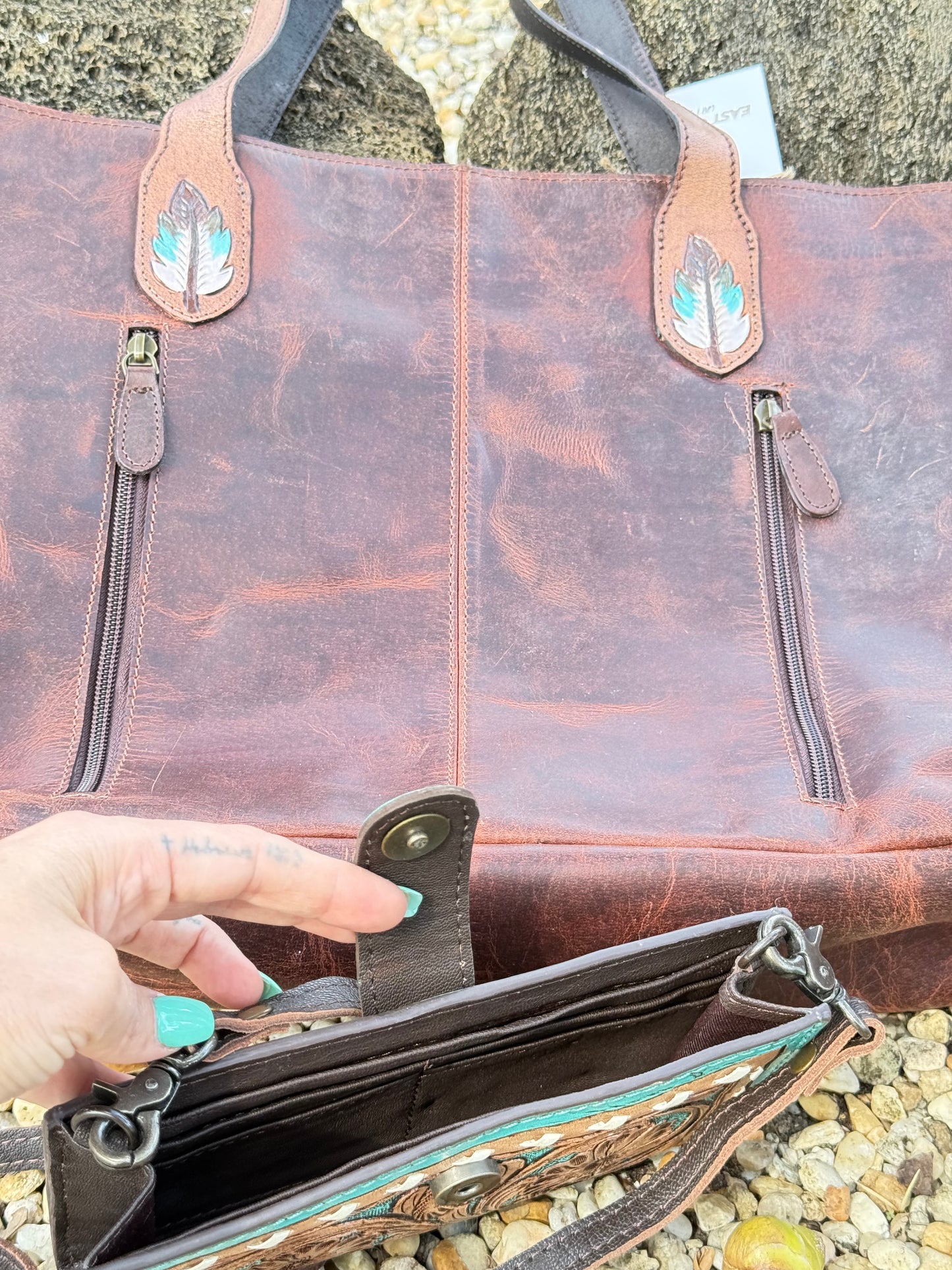 Turquoise Thunder : Cowhide Tooled Leather Concealed Carry Tote & Clutch Set Thunderbird Design