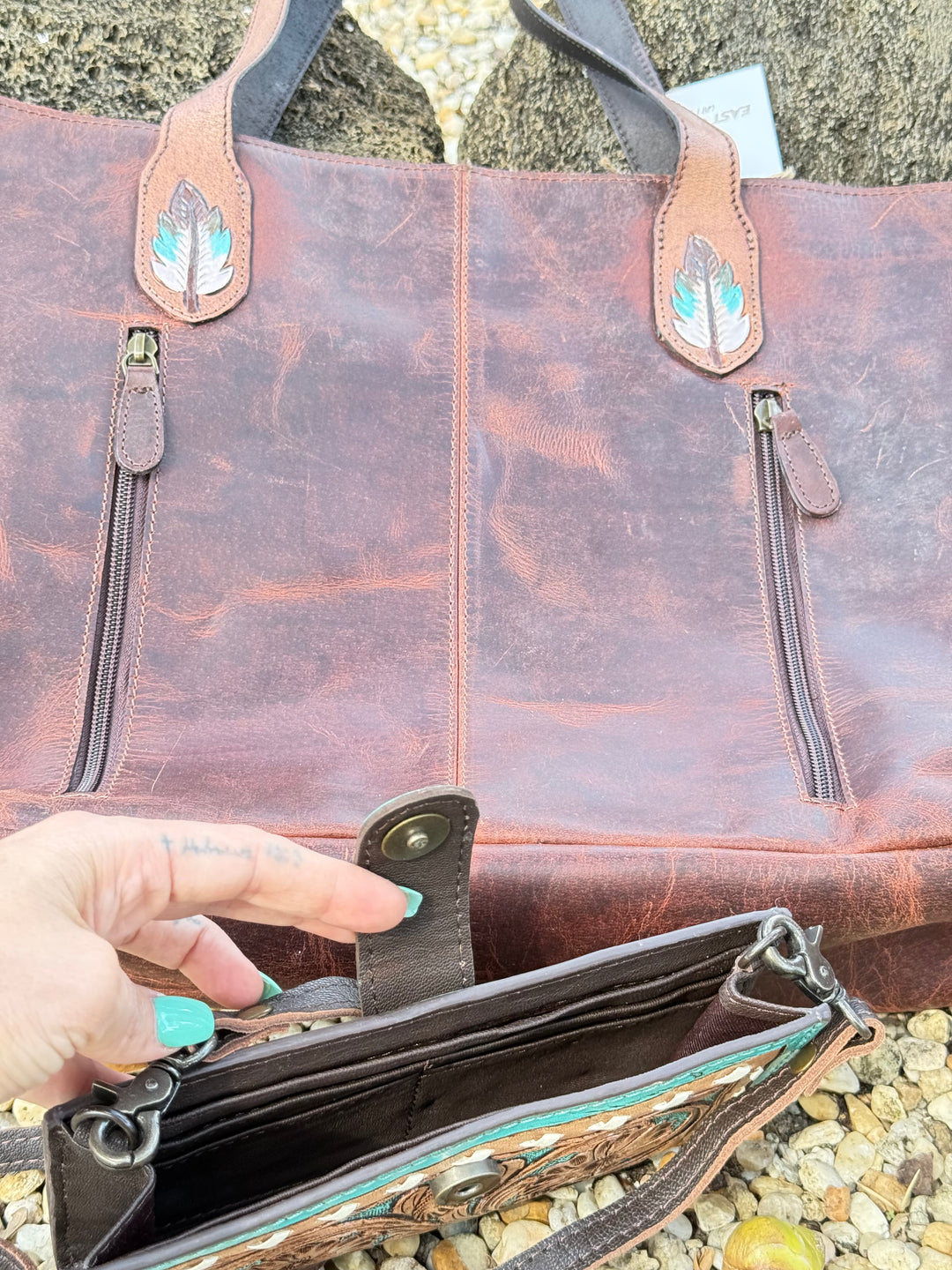 Turquoise Thunder | Cowhide Tooled Leather Concealed Carry Tote & Clutch Set Thunderbird Design