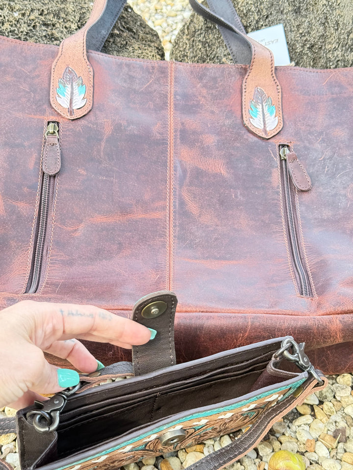 Turquoise Thunder | Cowhide Tooled Leather Concealed Carry Tote & Clutch Set Thunderbird Design