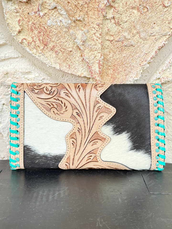 Hide and Ace : Tooled Leather and Cowhide Aces Card Design Turquoise Stiched Wallet