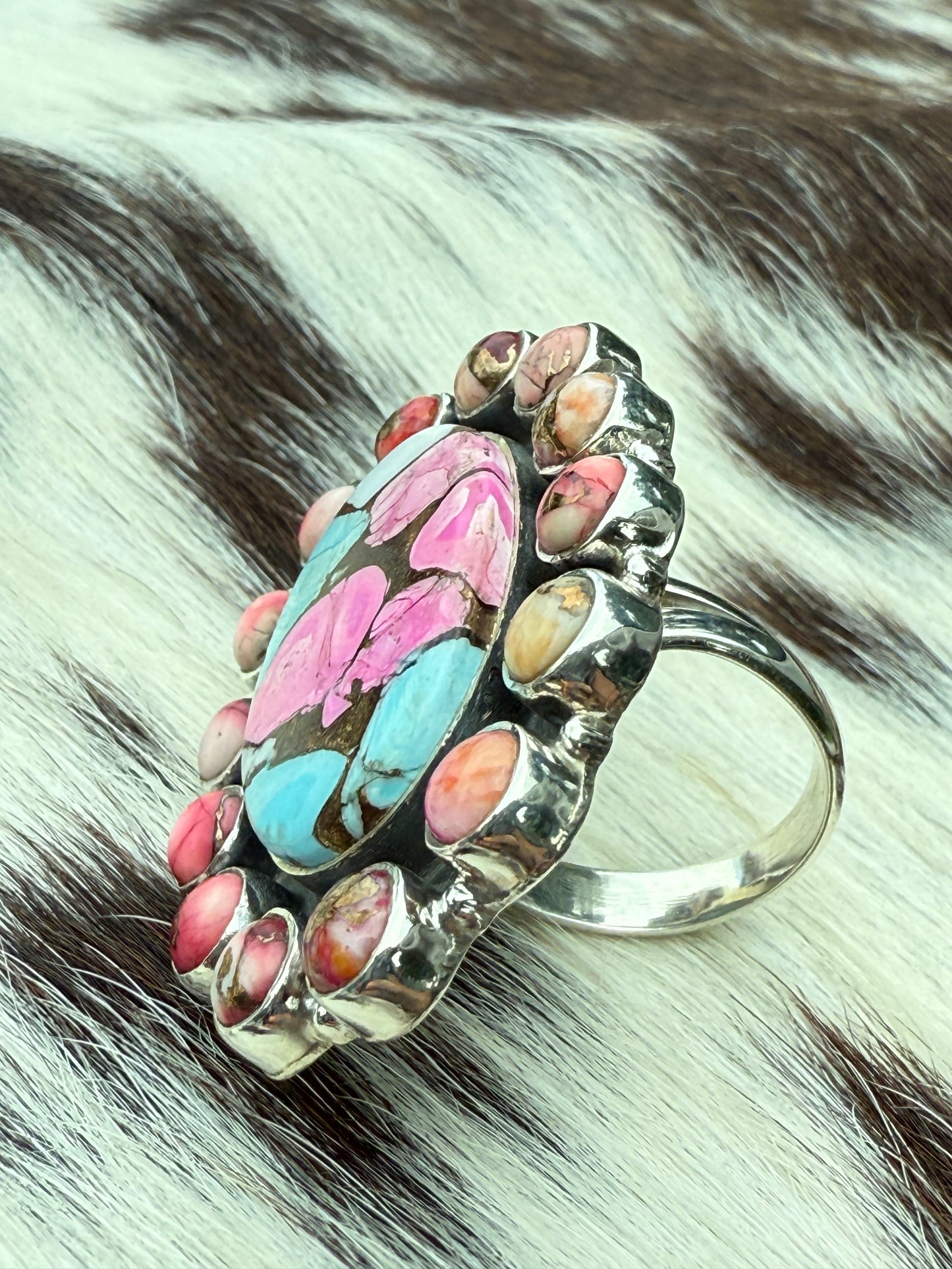Cotton Candy Turquoise & Red Dahlia Sterling Silver Adjustable Ring