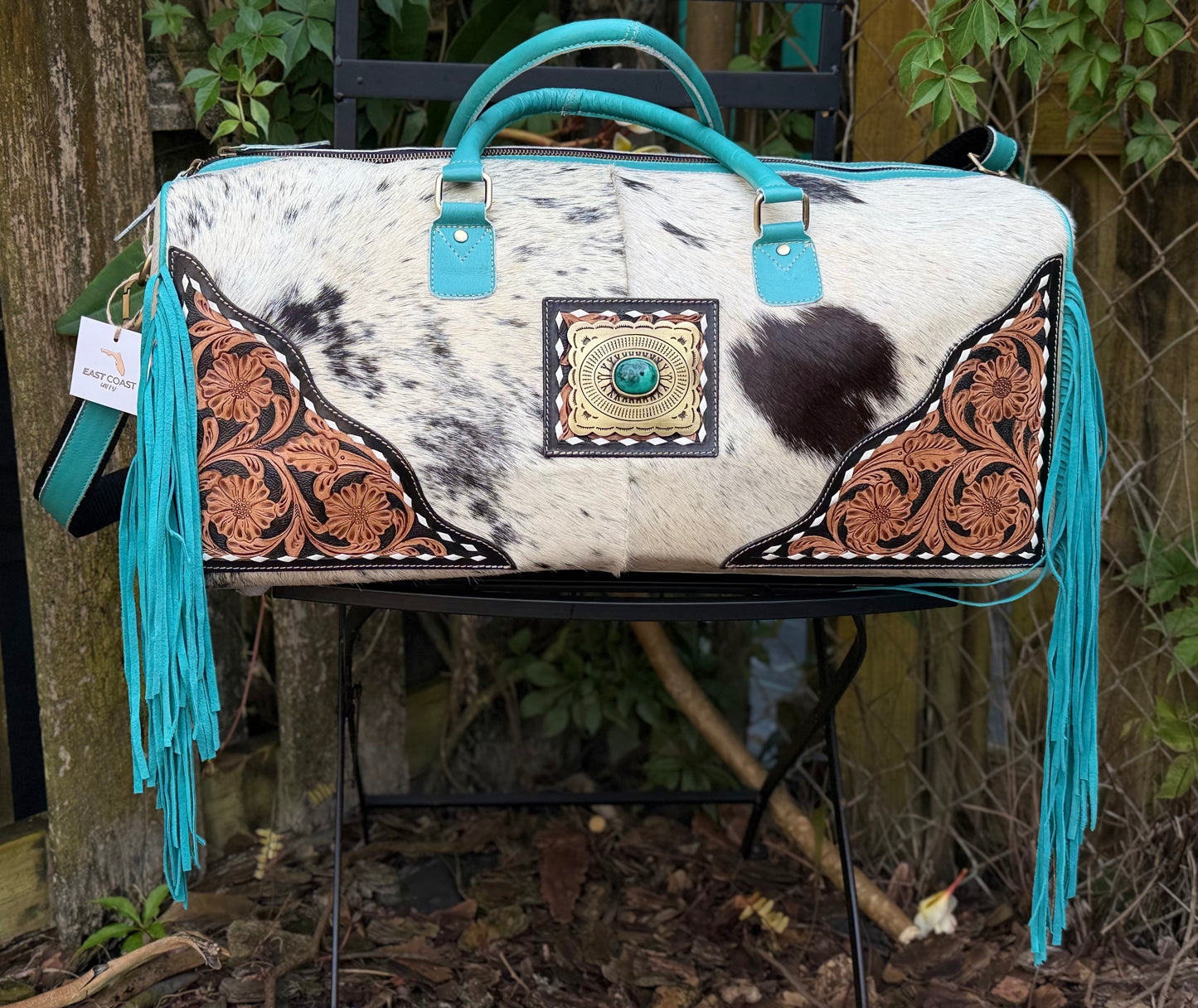 Terminal to Trail : Turquoise Leather & Cowhide Duffel Bag