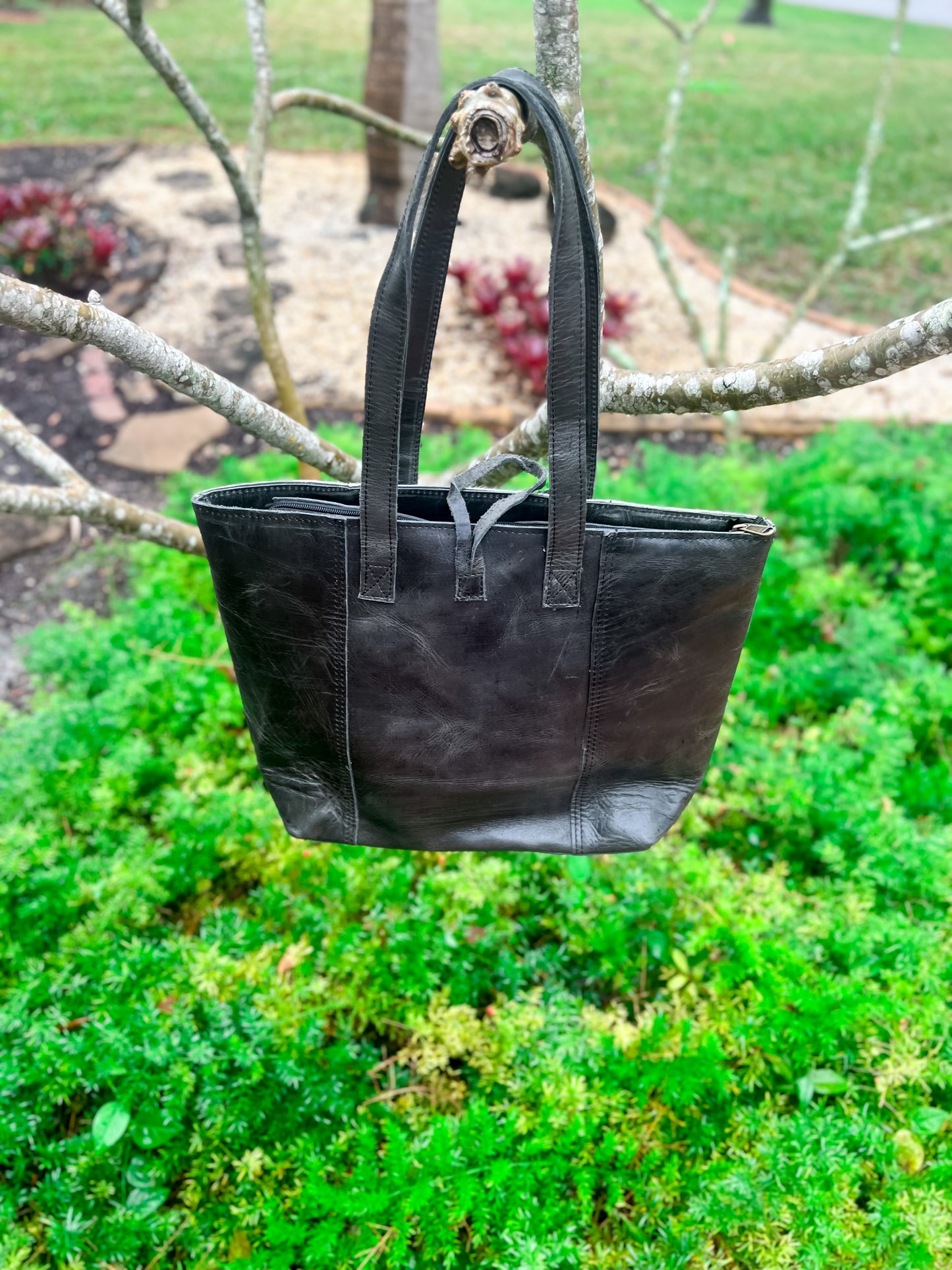 Cowhide and Crunch Leather everyday Tote in Black