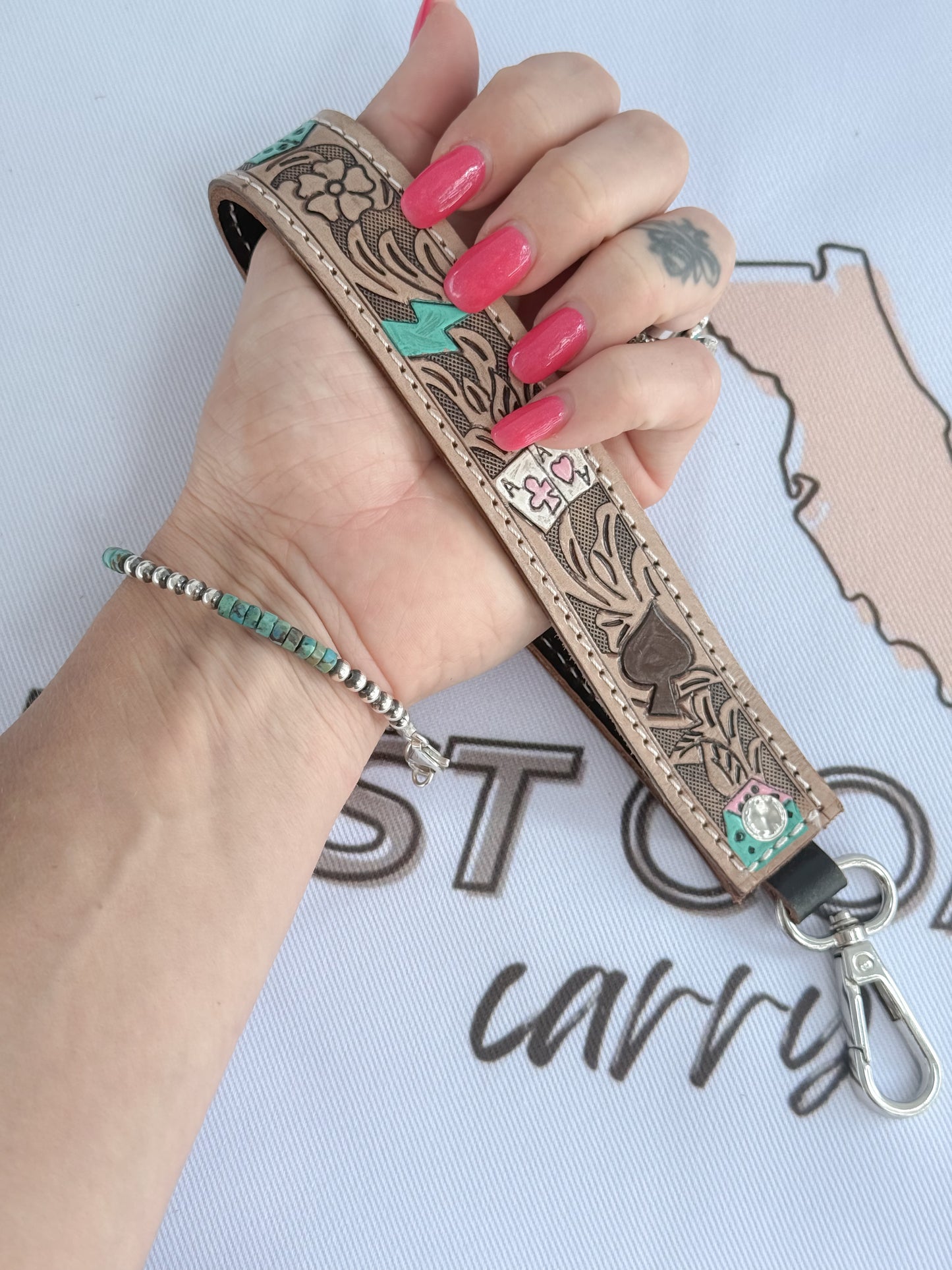Punchy Hand Tooled and Hand Painted Leather Key Chain Wristlet