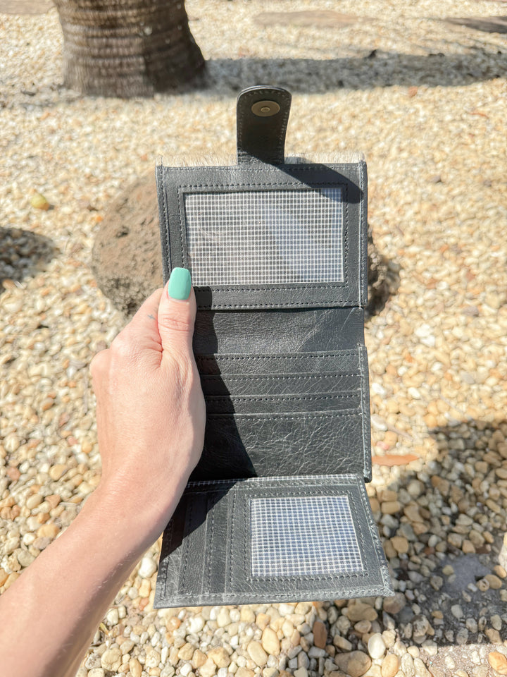 Mini Hide : Cowhide and Black Leather Trifold Wallet