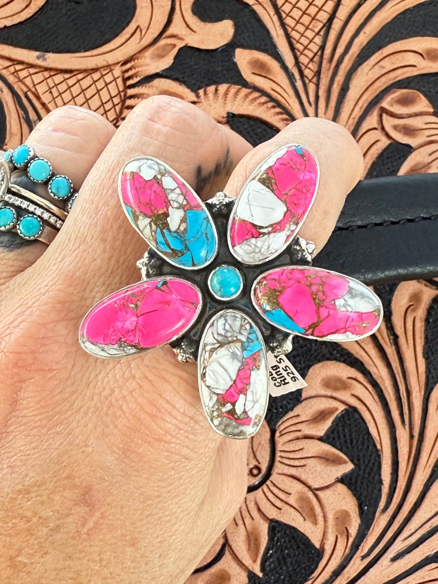 Cotton Candy Turquoise Sterling Silver Southwestern Artisan Flower Ring - Size 9