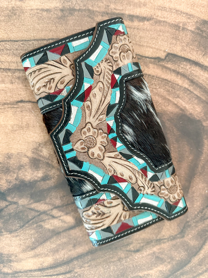 Coral Corral : Inlayed Tooled Leather Turquoise Design Cowhide Wallet
