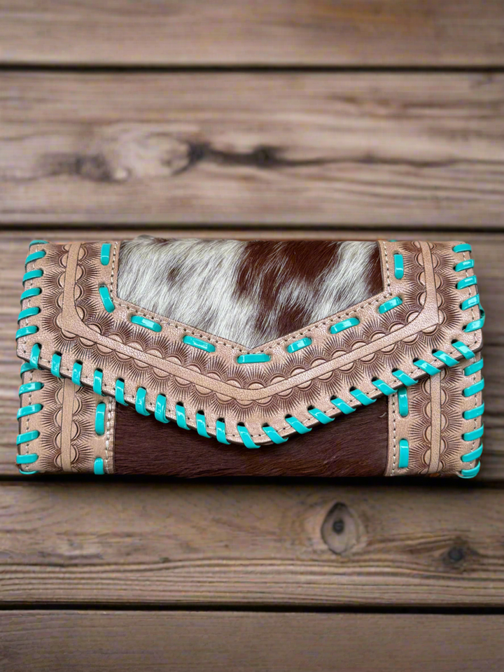 Turquosie Tangle : Tooled Leather Turquoise Stitched Cowhide Wallet