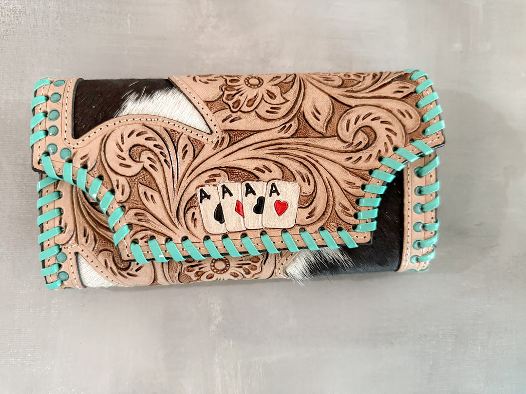 Hide and Ace : Tooled Leather and Cowhide Aces Card Design Turquoise Stiched Wallet