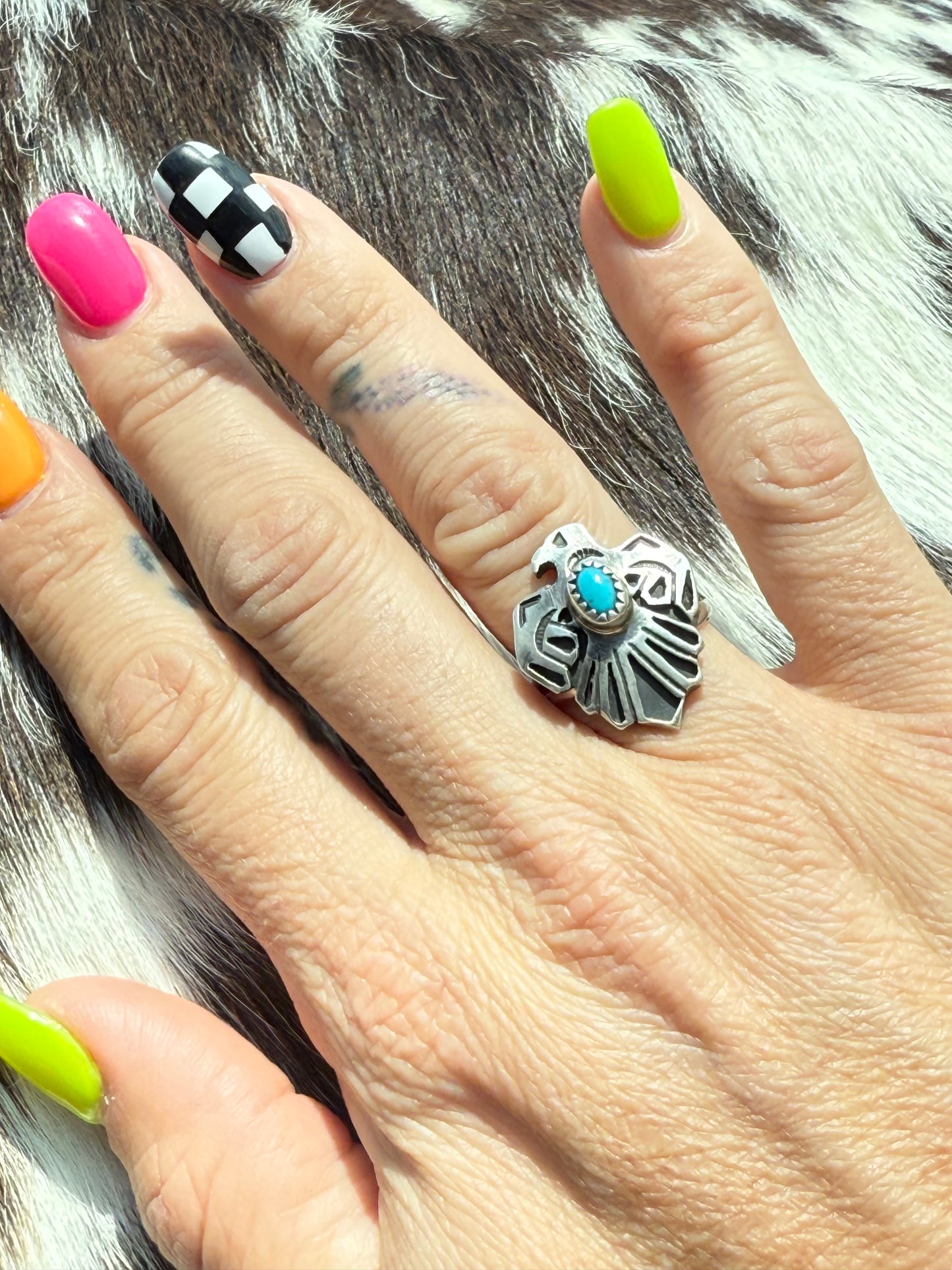 Robert Martinez Navajo Sterling Silver Thunderbird Kingman Turquoise Ring - Size 6
