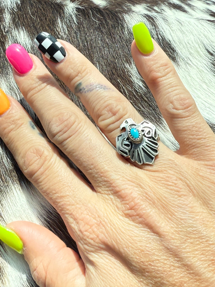 Robert Martinez Navajo Sterling Silver Thunderbird Kingman Turquoise Ring - Size 6
