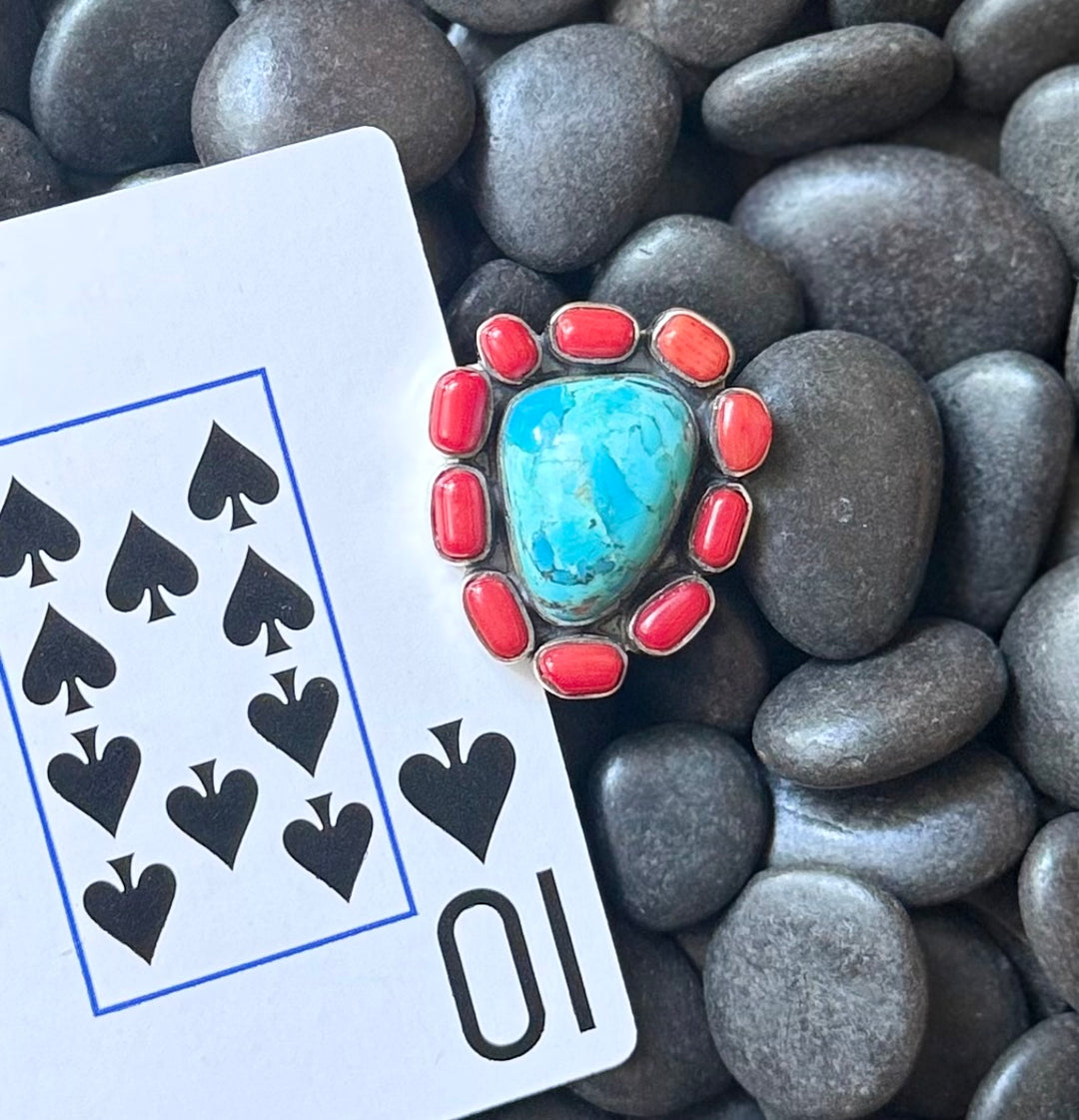 Coral Corral Ring – Mojave Turquoise & Red Coral | Size 10