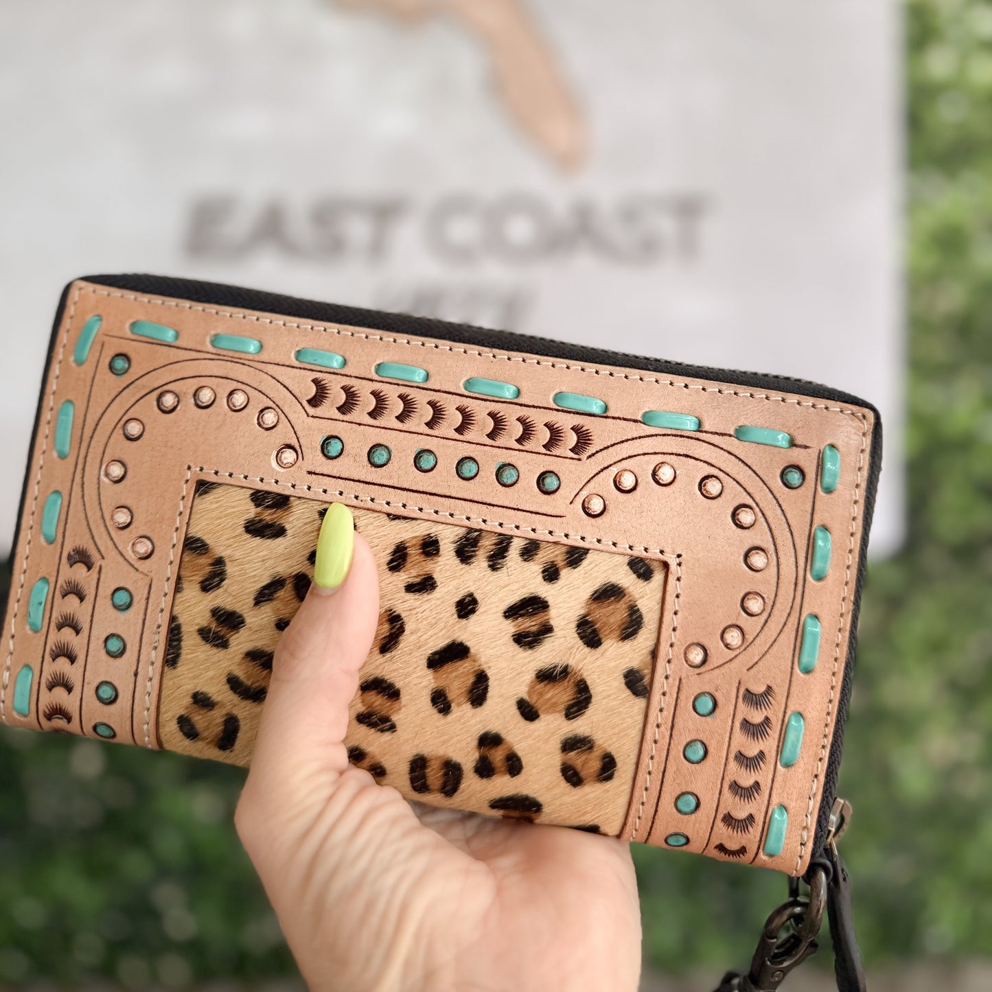 Wild Side : Tooled Leather Hair-On-Hide Cheetah design Turquoise Detail Wallet with Hand Strap