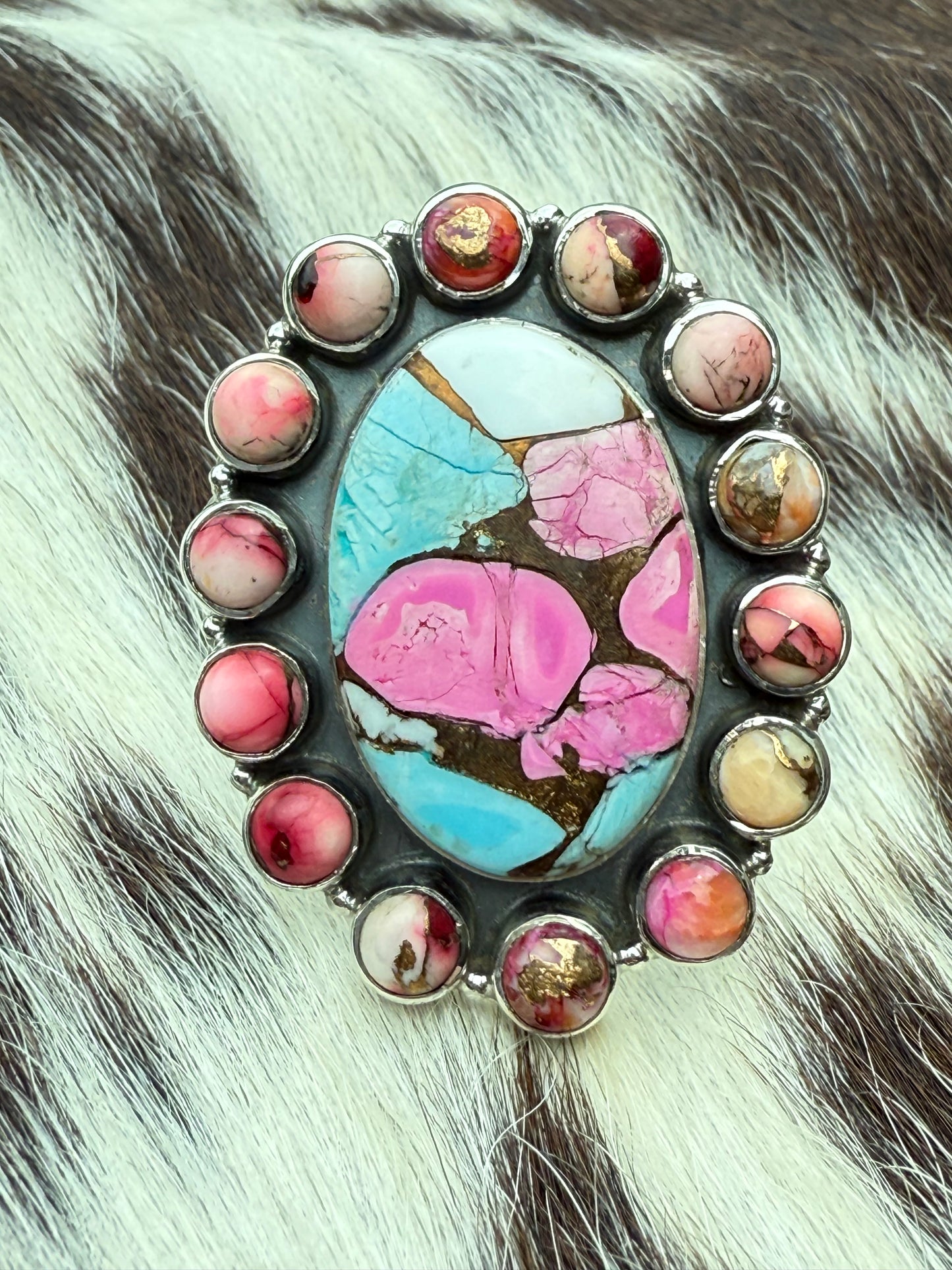 Cotton Candy Turquoise & Red Dahlia Sterling Silver Adjustable Ring