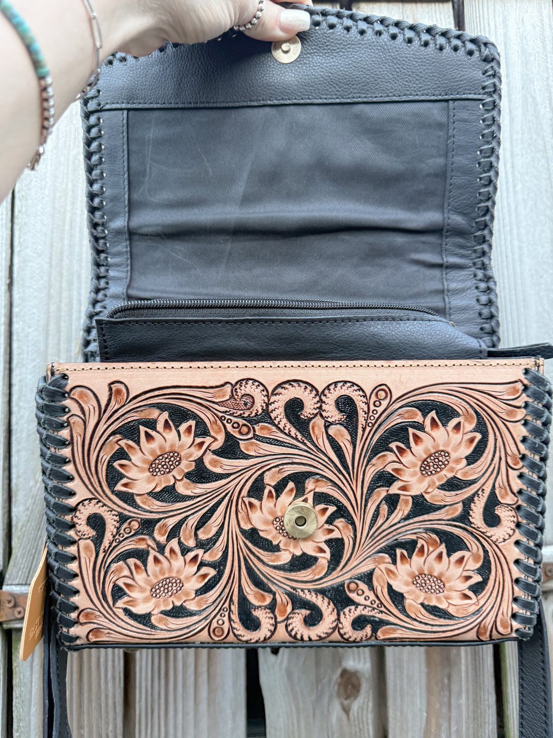 Black and Bloom | Black and Brown Tooled all Leather Western Crossbody Purse