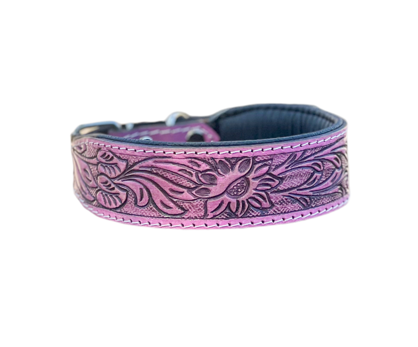 Magnolia Belle : (M/L) Pink Floral Leather Hand Tooled Dog Collar