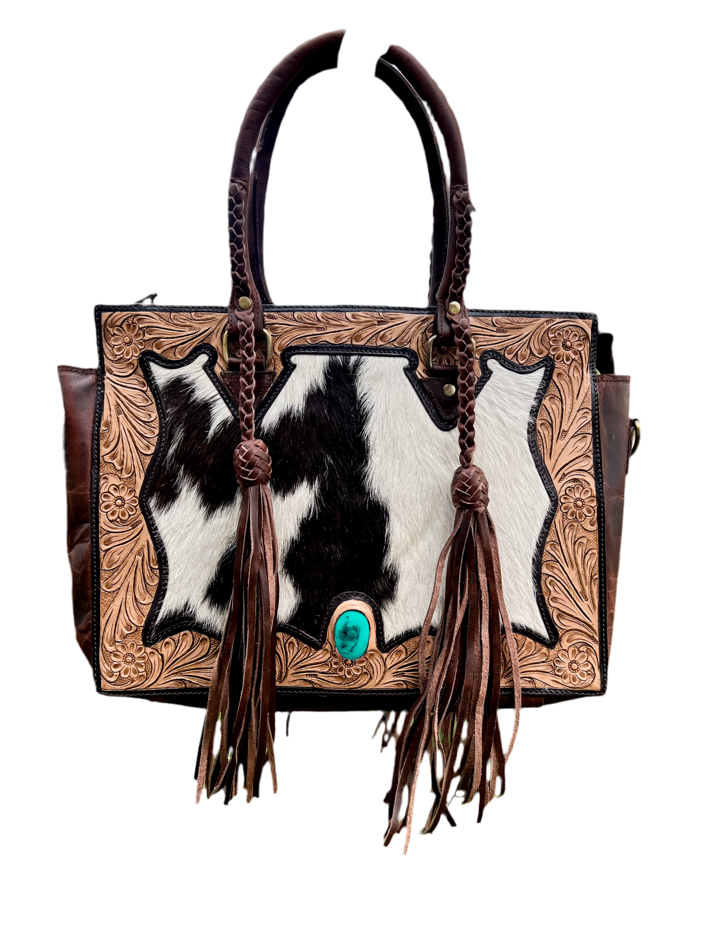 Get to Work bag: Cowboy brown Concealed Carry Leather and Cowhide braided fringe tote