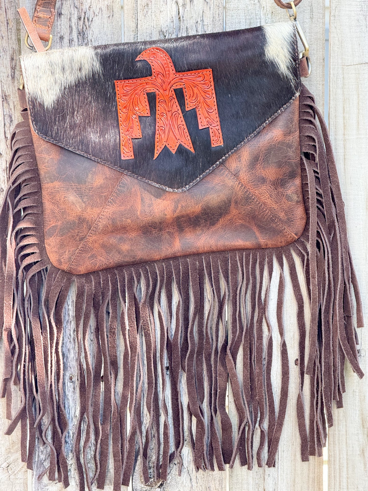 Midnight Thunder : Handcrafted Leather and Cowhide Concealed Carry Bag with Fringe Detail and Tbird Design