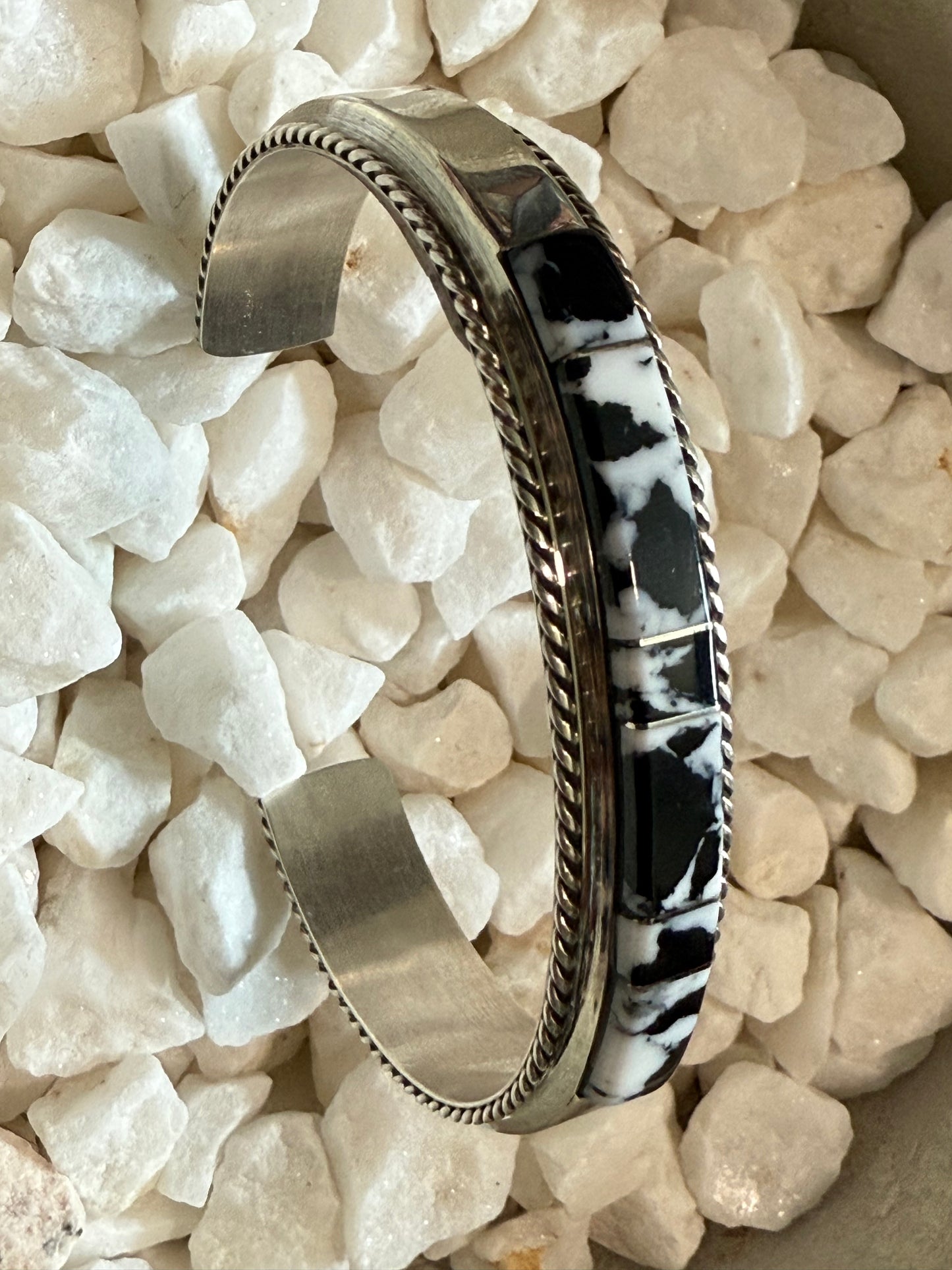 Francis Yazzie Sterling Silver & White Buffalo Inlay 7” Cuff