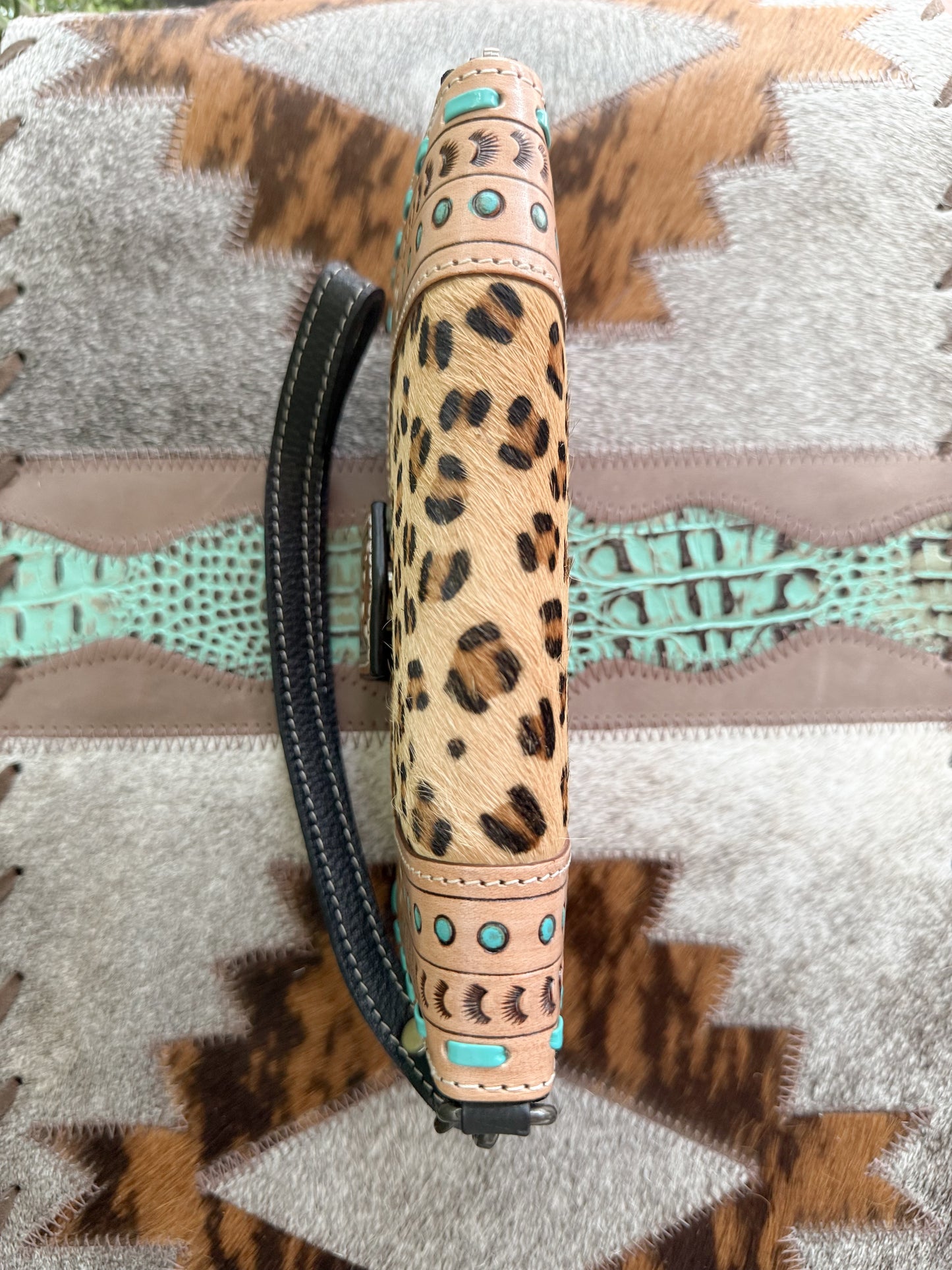Wild Side : Tooled Leather Hair-On-Hide Cheetah design Turquoise Detail Wallet with Hand Strap
