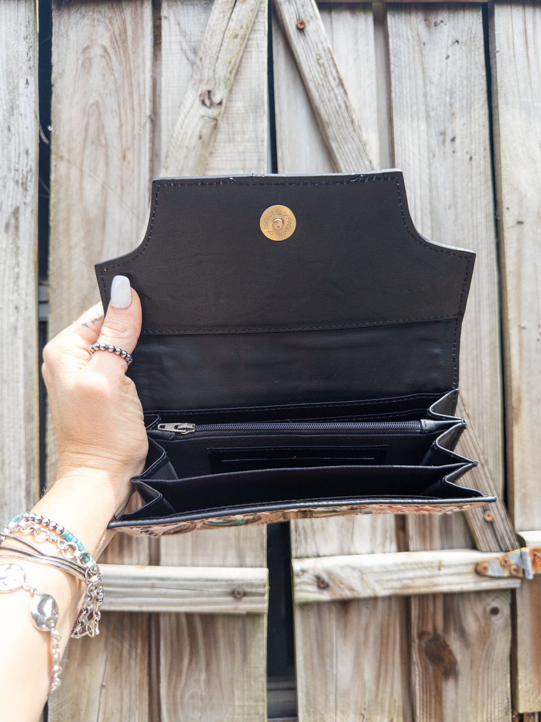Hibiscus Hide — Hand tooled Leather and Cowhide Floral design hand painted Western chic wallet