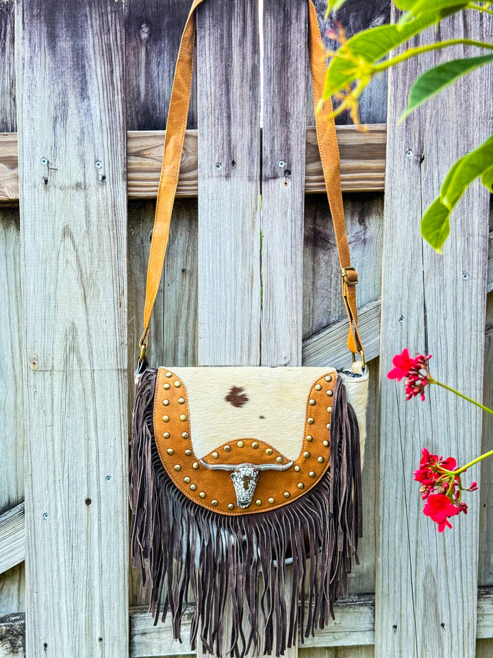 The Sundown Rider | Cowhide Fringe Crossbody with Bullhead Detail