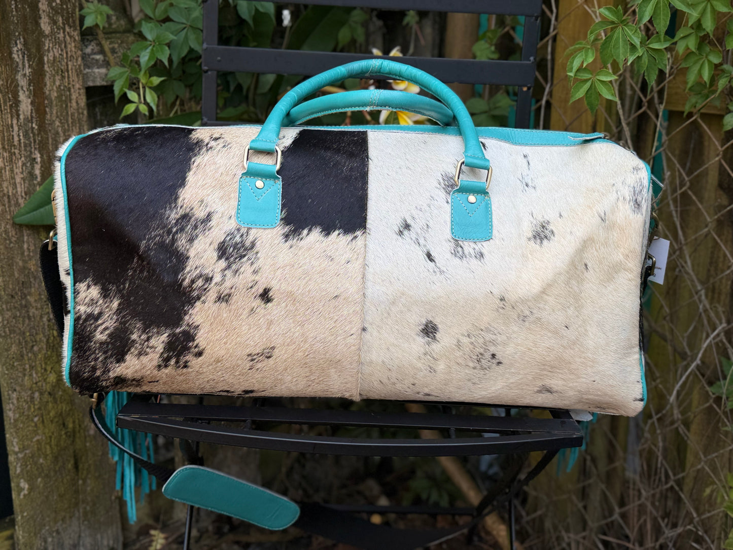Terminal to Trail : Turquoise Leather & Cowhide Duffel Bag