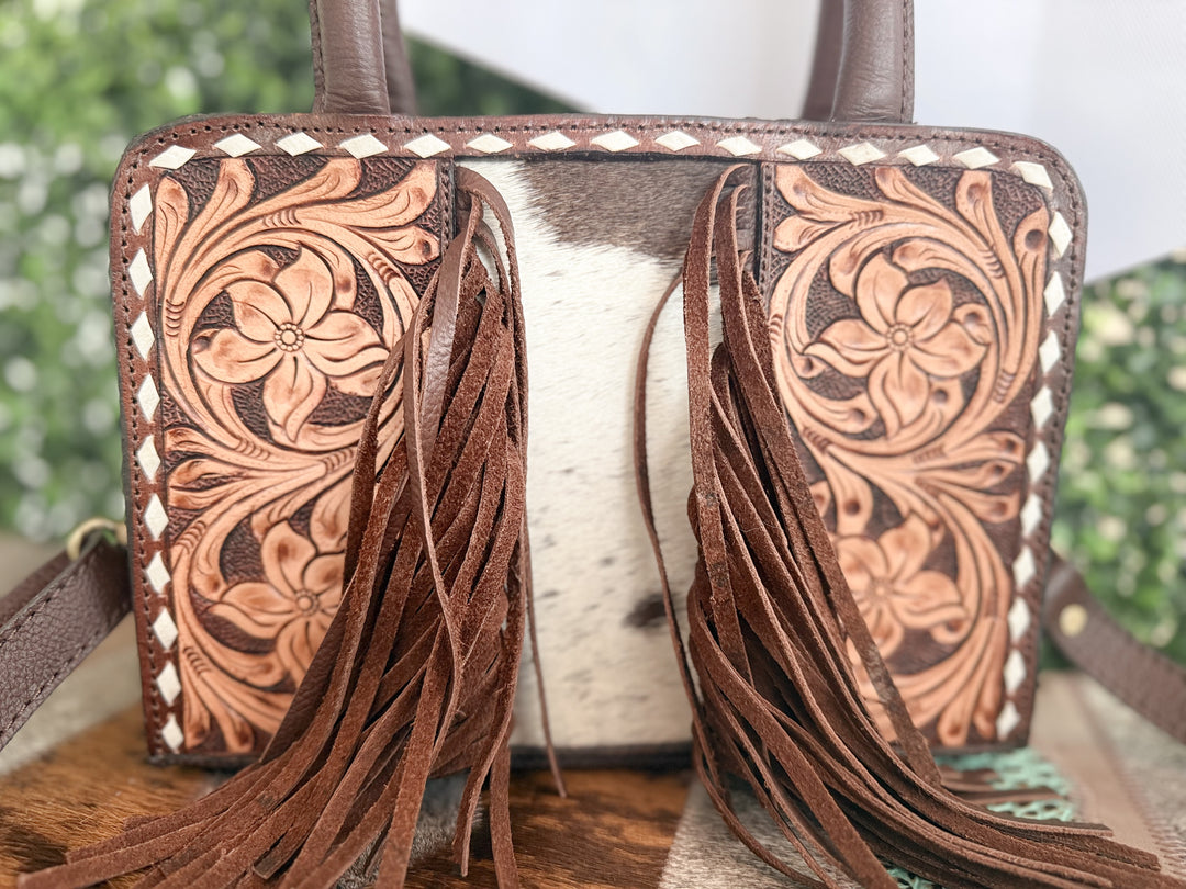 Little Wildflower | Hand Tooled Leather Cowhide and Fringe Mini Western Purse with Handles and Detachable Crossbody Strap