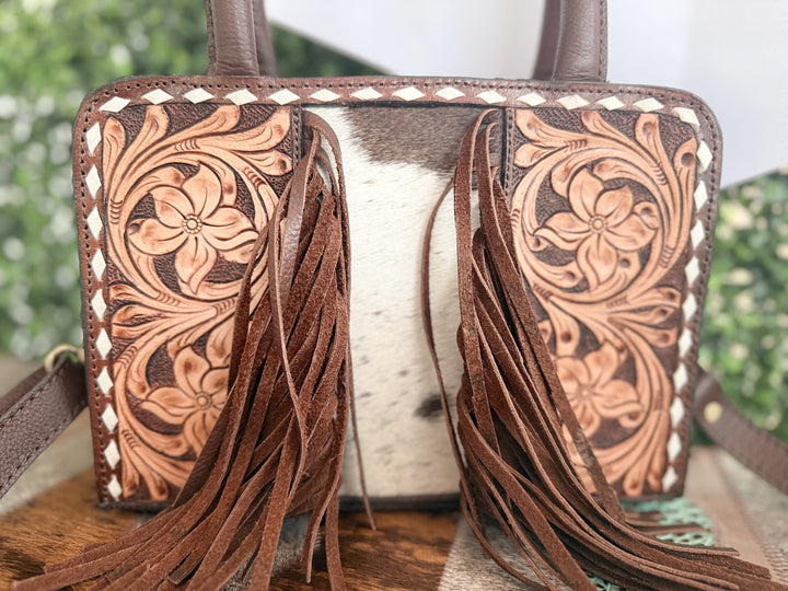 Little Wildflower | Hand Tooled Leather Cowhide and Fringe Mini Western Purse with Handles and Detachable Crossbody Strap