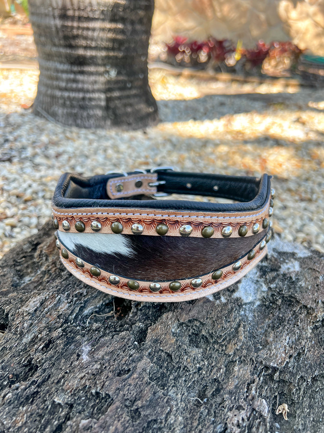 The Outlaw : (Large) Cowhide and Tooled Leather Studded Dog Collar
