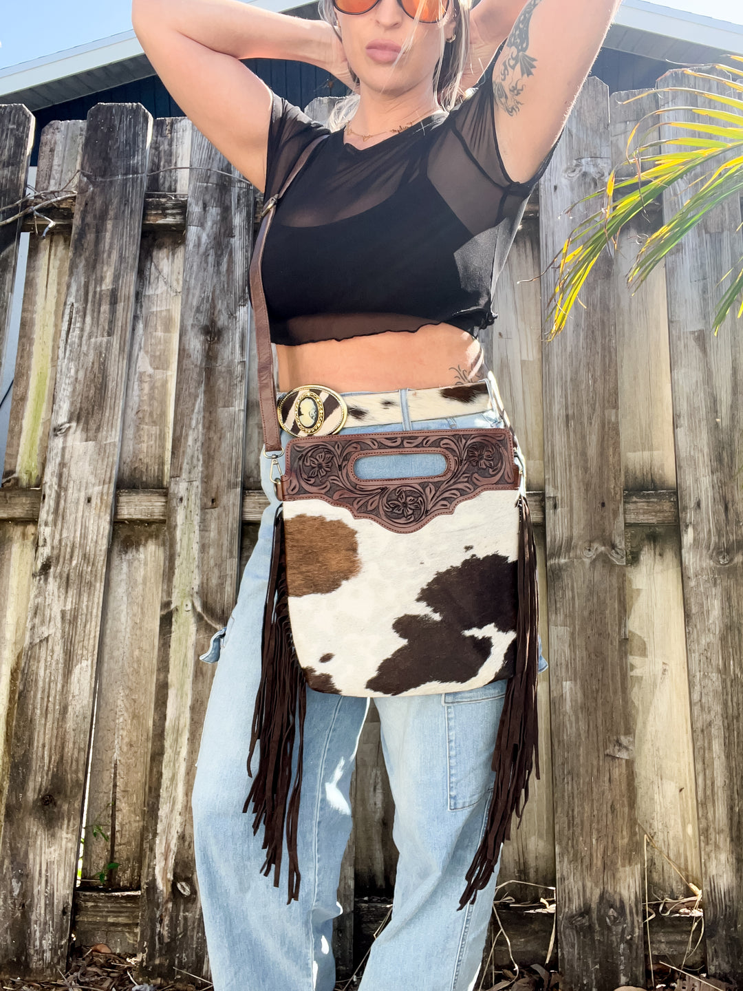 The Sidekick | Tooled Leather & Cowhide Concealed Carry Crossbody with Fringe Sides