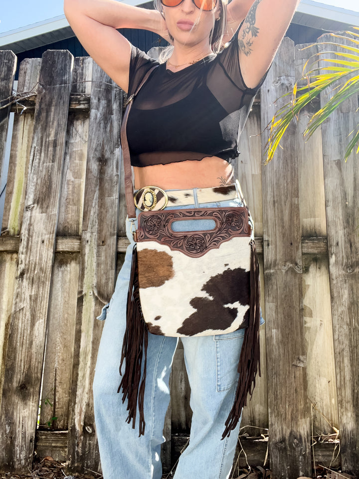The Sidekick | Tooled Leather & Cowhide Concealed Carry Crossbody with Fringe Sides