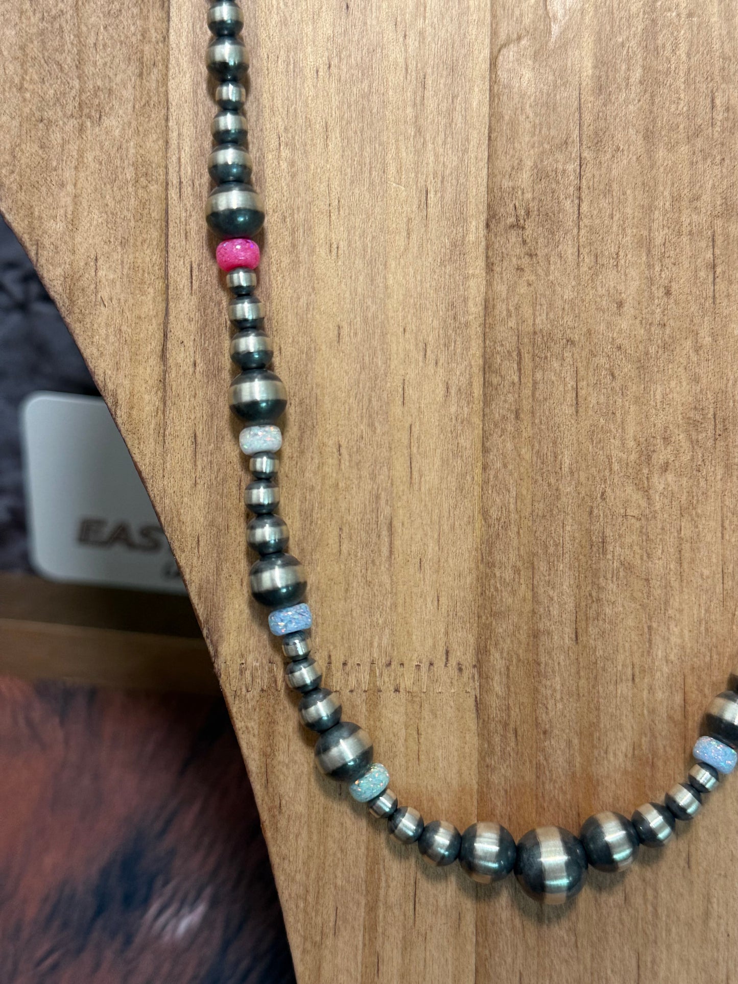 18” Native Strung Sterling Silver Graduated Beads & Pink, White and Blue Lab Opal “Navajo Pearls”