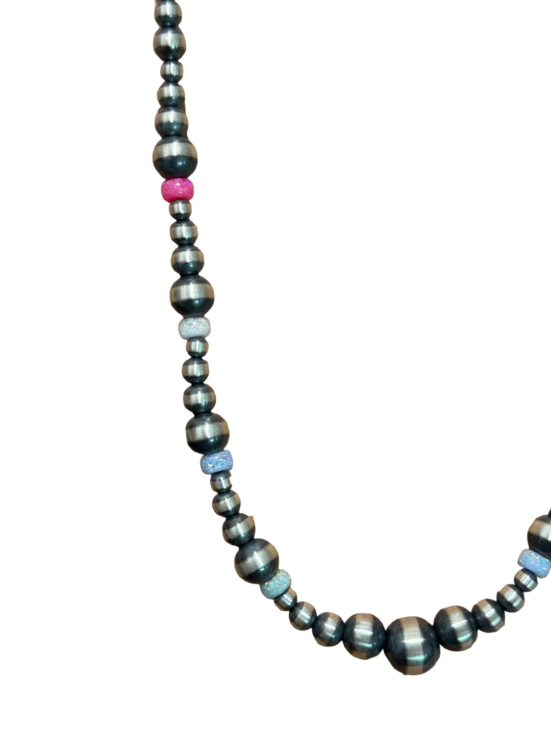 18” Native Strung Sterling Silver Graduated Beads & Pink, White and Blue Lab Opal “Navajo Pearls”