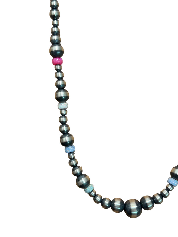 18” Native Strung Sterling Silver Graduated Beads & Pink, White and Blue Lab Opal “Navajo Pearls”