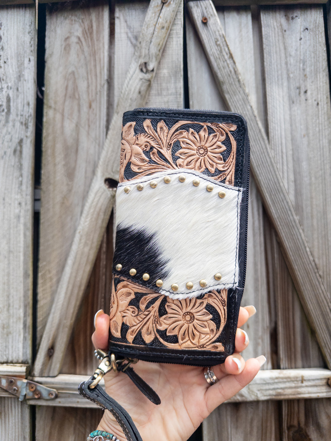 Family Tradition | Black and Tan Tooled Leather with Black and White Cowhide Women’s Western Studded Wallet