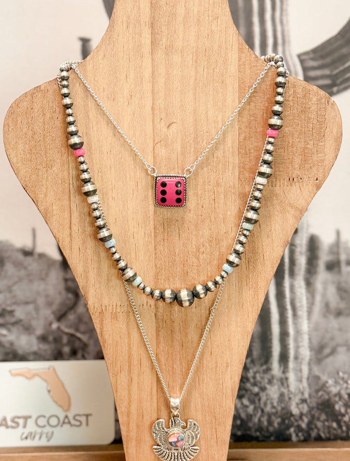 18” Native Strung Sterling Silver Graduated Beads & Pink, White and Blue Lab Opal “Navajo Pearls”