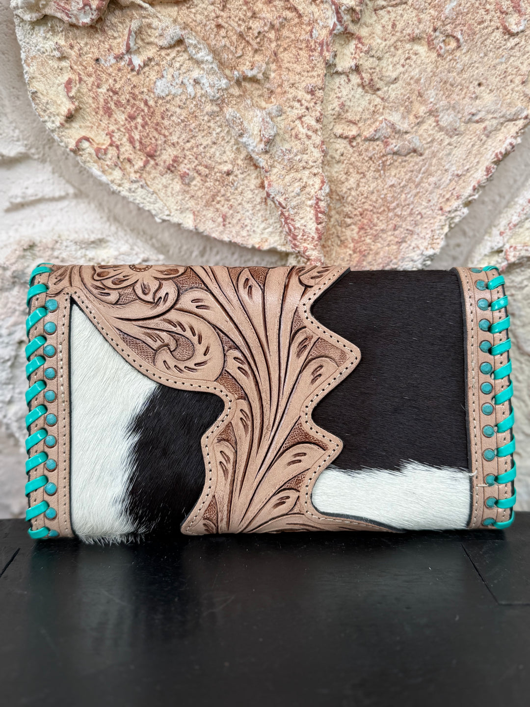 Hide and Ace : Tooled Leather and Cowhide Aces Card Design Turquoise Stiched Wallet