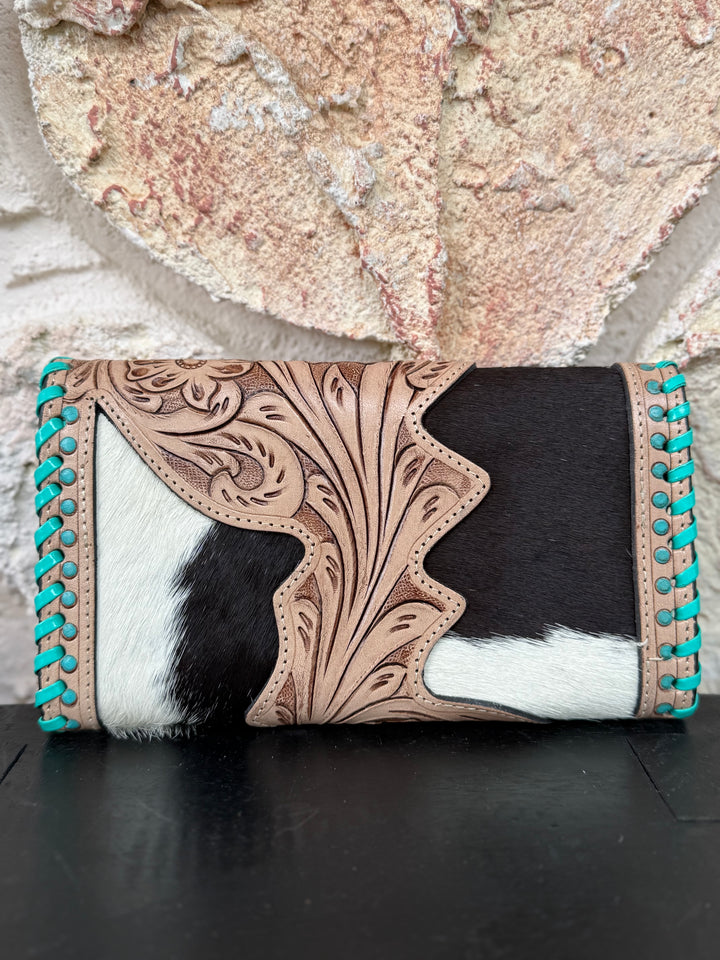 Hide and Ace : Tooled Leather and Cowhide Aces Card Design Turquoise Stiched Wallet
