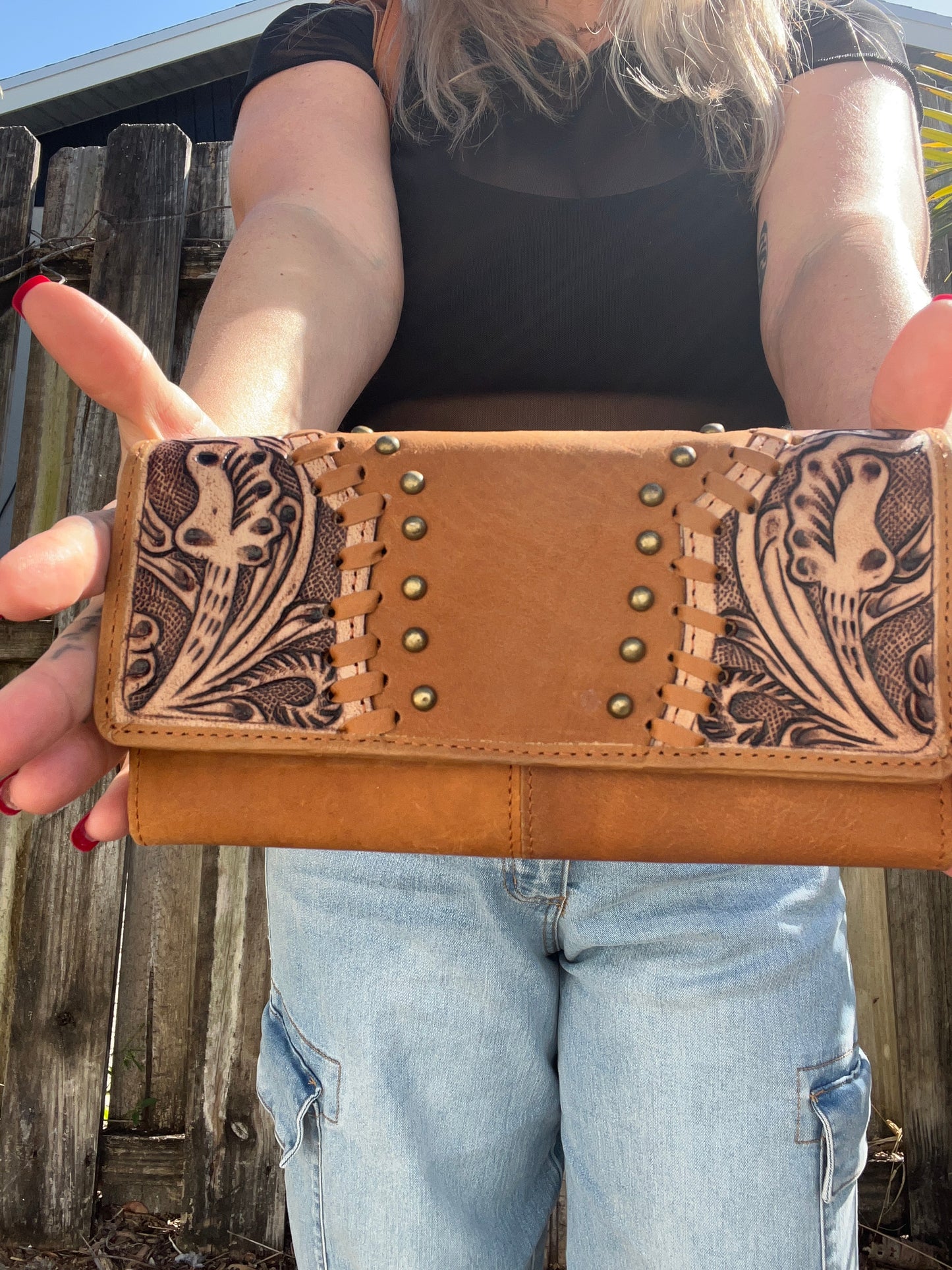 Michaela Coors LITE : Lightweight All Leather Handtooled Floral Design Studded Shoulder Purse with Matching Wallet SET