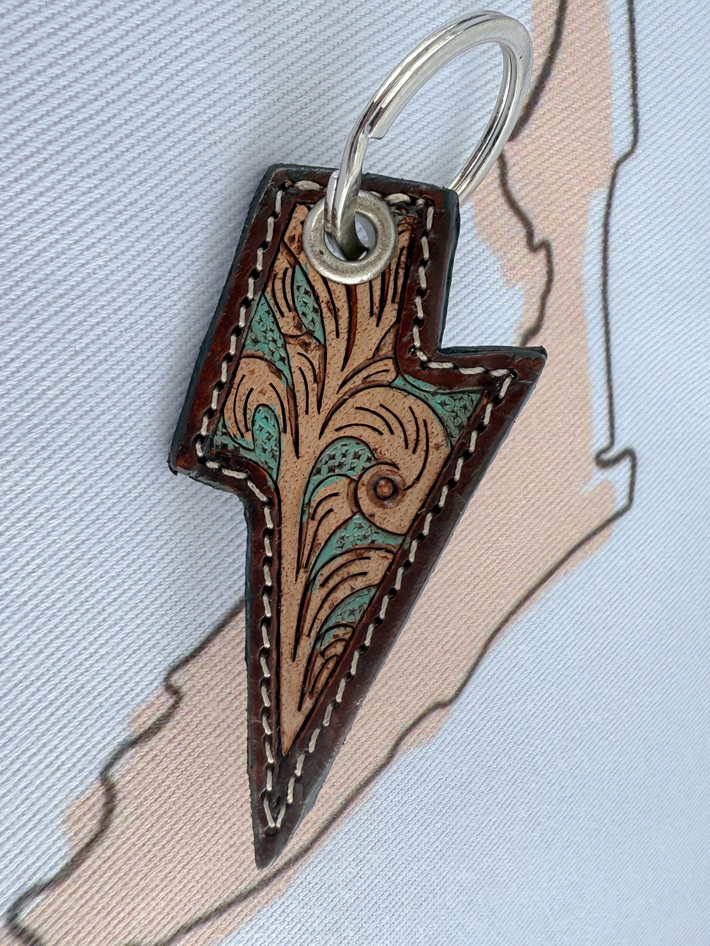 Lightening bolt tooled leather keychain key ring