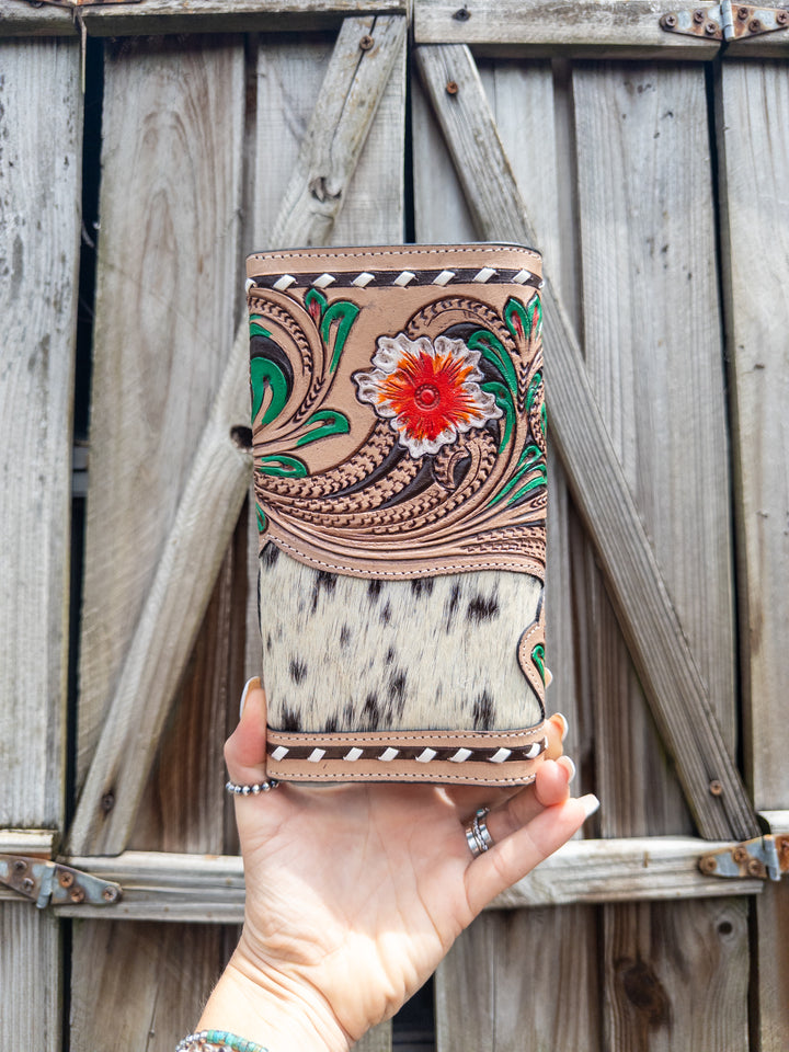 Hibiscus Hide — Hand tooled Leather and Cowhide Floral design hand painted Western chic wallet