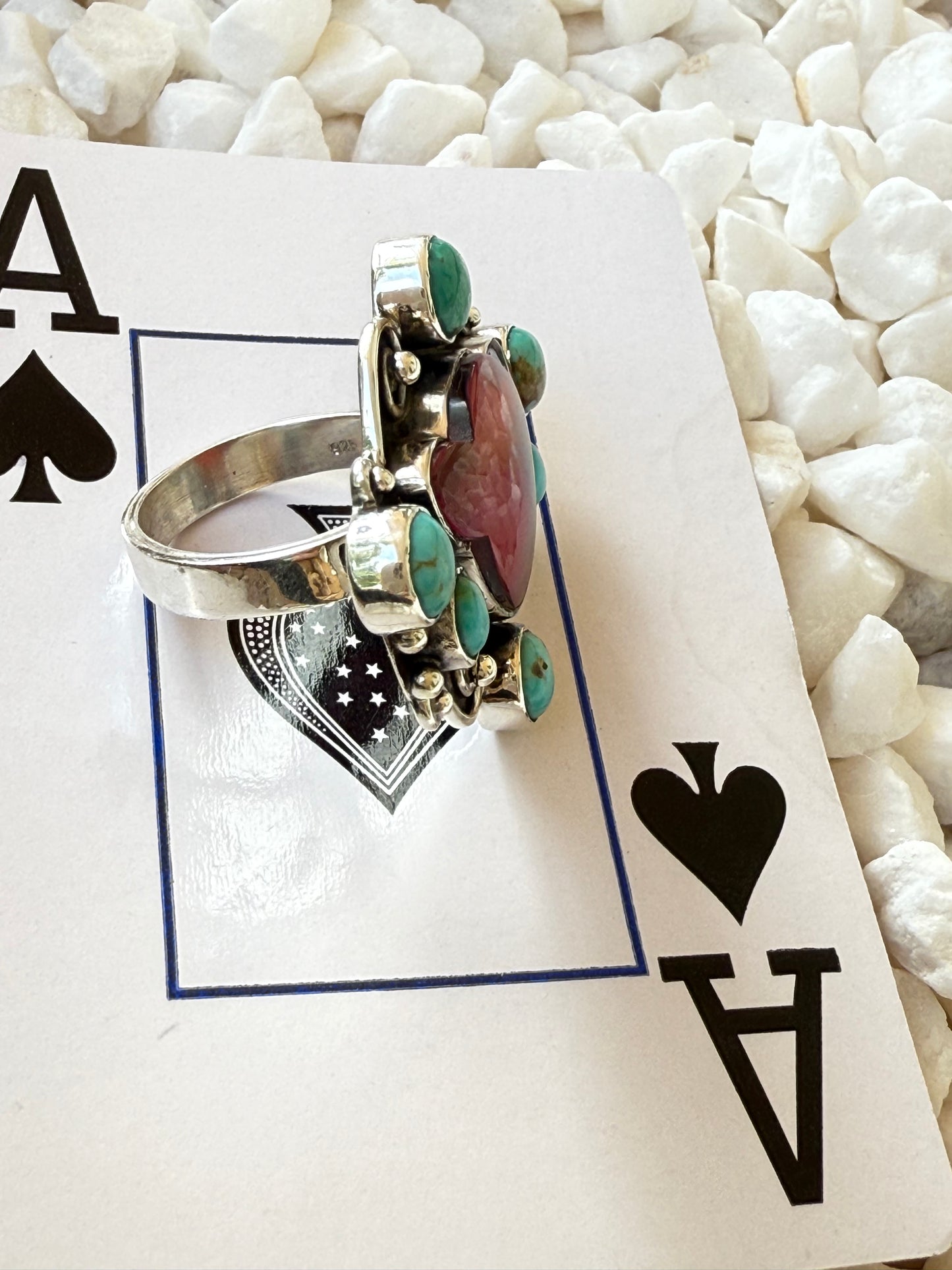 The Maverick – Southwestern Artistian Made Orange Mojave Cow & Turquoise Scroll 925 Ring (Adjustable)