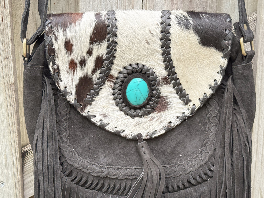 Backwater Boho | Black Suede Leather and Hair-on-Cowhide Crossbody Purse