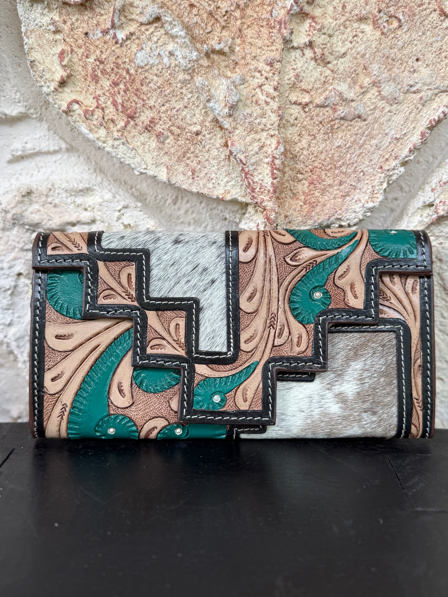 Two Step – Pine Twist : Tooled Leather and Cowhide Wallet